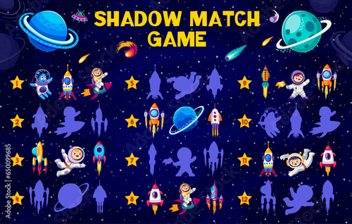 Shadow match game worksheet. Cartoon space planets, spaceship, alien and astronaut characters. Shadow match riddle vector page with kid and alien astronaut funny personages, rocket starship and planet