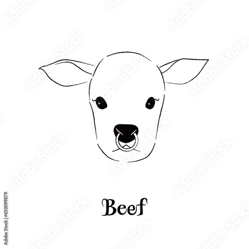 かわいい牛の顔のイラスト　モノクロ線画
