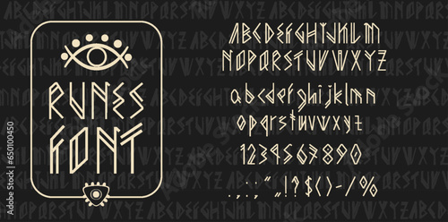 Viking runes font. Scandinavian type, ancient typeface. Nordic alphabet vector font set of gothic letters and numbers with medieval celtic typography elements and runic ethnic symbols, viking alphabet