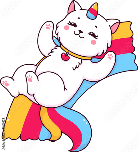 Cartoon cute caticorn on rainbow, kitten unicorn character and fairy tale kitty, isolated vector. Caticorn kitten playing or riding rainbow with heart necklace, cheerful funny cat unicorn in happy fun