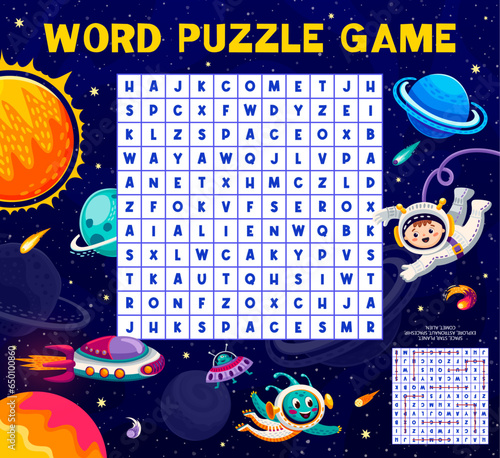 Space word search puzzle game. Vocabulary puzzle, crossword quiz vector worksheet, word search riddle with child and alien astronauts happy characters in outer space, rocket and Solar System planets