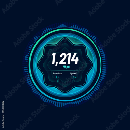 Speedometer neon dial, internet traffic speed gauge dashboard, vector futuristic interface. Internet traffic fast test meter of digital network and website connection for download or upload Mbps gauge