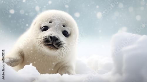 Newborn cute white seal baby on ice, text for copyspace