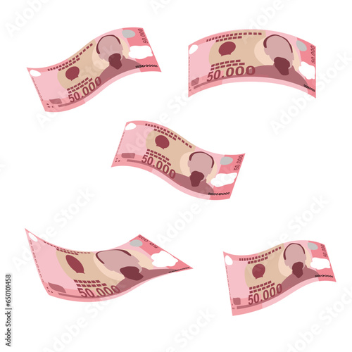 Vietnam Dong Vector Illustration. Vietnamese money set bundle banknotes. Falling, flying money 50000 VND. Flat style. Isolated on white background. Simple minimal design.