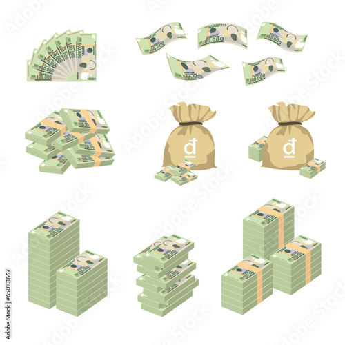 Vietnam Dong Vector Illustration. Huge packs of Vietnamese money set bundle banknotes. Bundle with cash bills. Deposit, wealth, accumulation and inheritance. Falling money 100000 VND