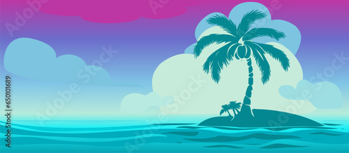 Flat design vector of a small island featuring a palm tree banner against a bright background
