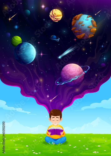 Cartoon child boy on meadow reading book and dreaming about universe space, vector galaxy world. Kid boy with dream of galaxy spaceflight to space planets and galactic asteroids in starry sky