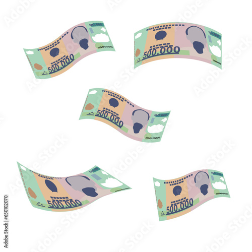 Vietnam Dong Vector Illustration. Vietnamese money set bundle banknotes. Falling, flying money 500000 VND. Flat style. Isolated on white background. Simple minimal design.