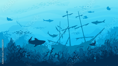 Sea sharks, sunken ship and fish shoal silhouettes in underwater sea landscape, vector background. Undersea coral reef or ocean landscape with sunken boat, stingray and sharks in deep blue water