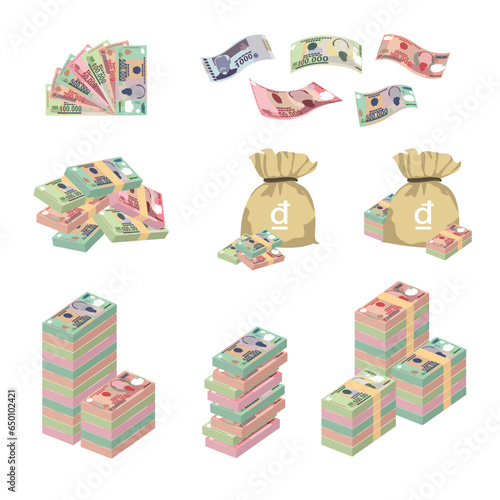 Vietnam Dong Vector Illustration. Huge packs of Vietnamese money set bundle banknotes. Bundle with cash bills. Deposit, wealth, accumulation and inheritance. Falling money 500000, 100000, 200000 VND