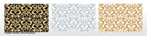 Wallpapers in the style of Baroque. Seamless vector backgrounds. Set of colored floral ornaments. Graphic patterns for fabric, wallpaper, packaging. Ornate Damask flower ornaments
