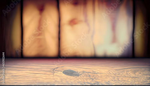 Wooden board empty table in front of blurred background.