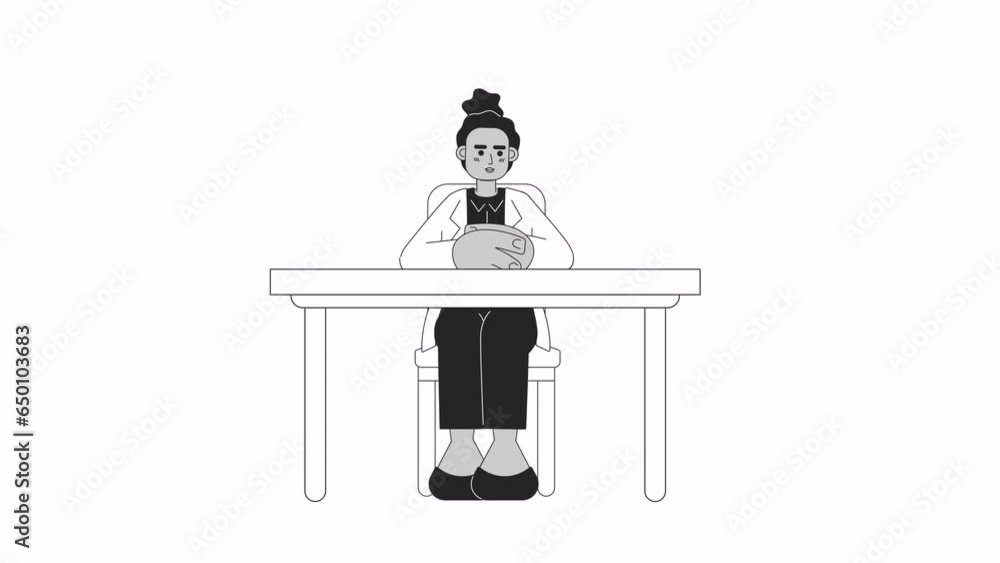 Black female boss with hands folded on desk bw 2D character animation. Outline cartoon 4K video, alpha channel. African american successful businesswoman animated person isolated on white background Black female boss with hands folded on desk bw 2D character animation. Outline cartoon 4K video, alpha channel. African american successful businesswoman animated person isolated on white background