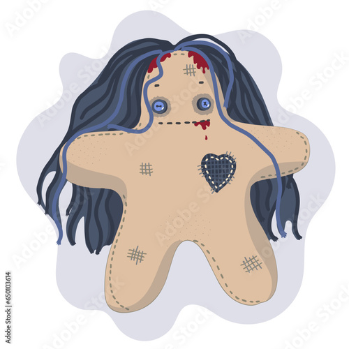 Creepy voodoo doll. Primitive Textile doll with long black hair. Hand drawn vector illustration. Halloween concept.