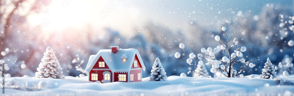 Little hose model on white snow in winter in the morning. Snowy background with beautiful sunlight Little hose model on white snow in winter in the morning. Snowy background with beautiful sunlight