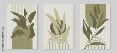 Boho Wall Art Prints Set with Leaves and Organic Shapes, Lines Rainbow. Trendy Minimalistic Poster Set with Floral Drawing and Organic Shapes. Botanical Bohemian Print for Wall Decor. Vector EPS 10 