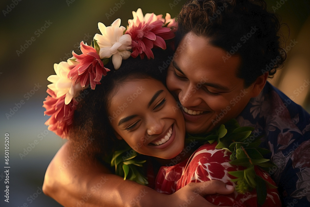 Pacific Islander couple showing affection. - obrazy, fototapety, plakaty 