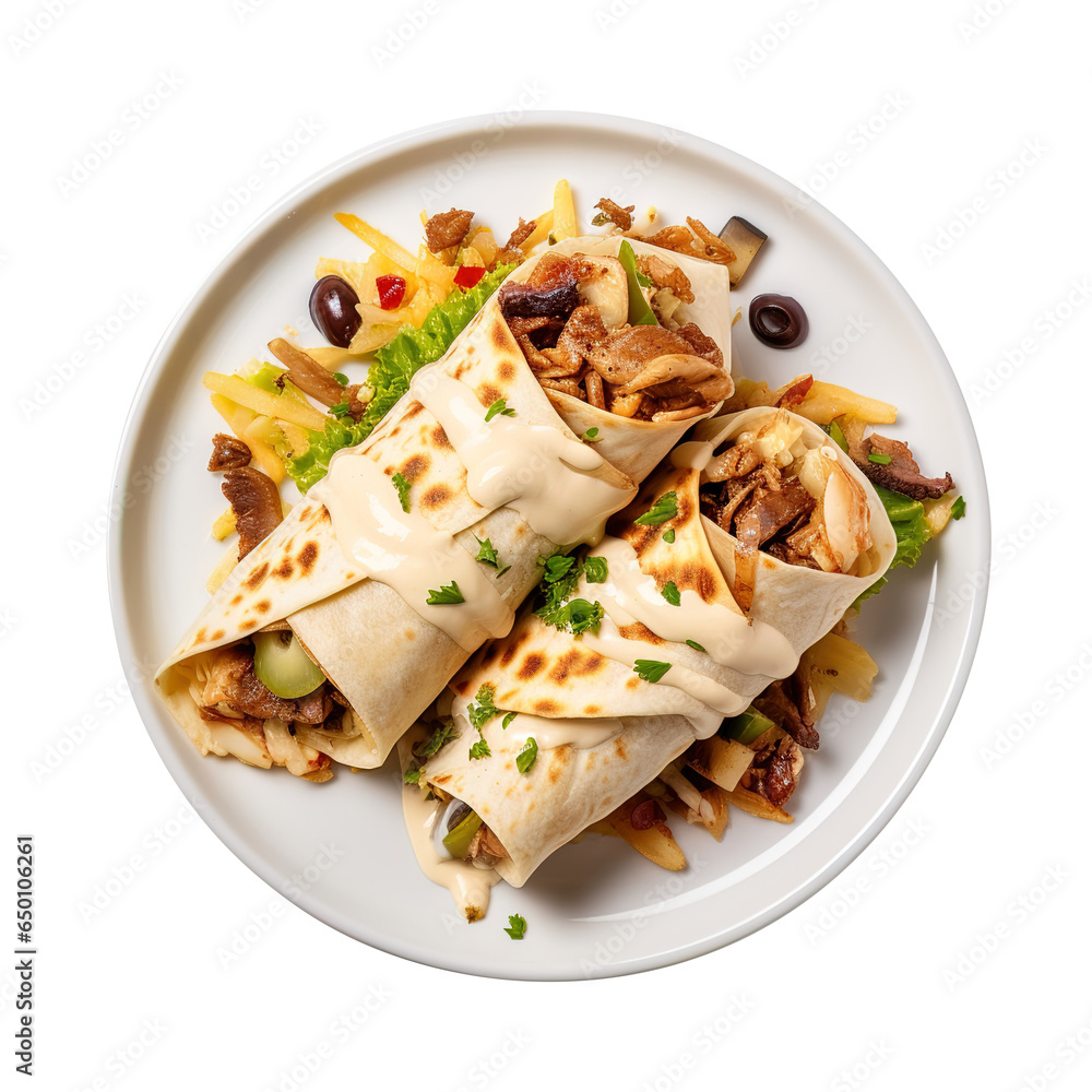 Shawarma with cheese olives on a plate isolated on transparent background Remove png, Clipping Path