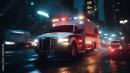 Emergency ambulance speeds through a vibrant urban landscape. photo
