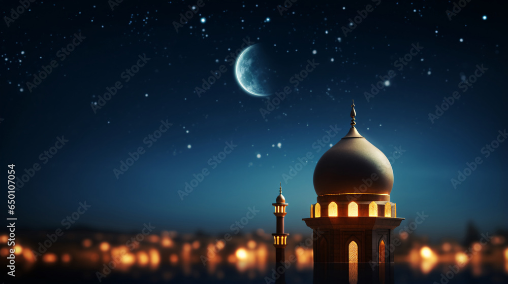 Ramadan Symbolism  Mosques Dome, Crescent Moon on Dark Blue Twilight Sky and Islamic Celebratory Phrases in Arabic