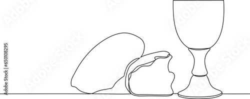 Freehand drawing with one continuous line. Cup of wine and bread for the Lord's Supper on a transparent background