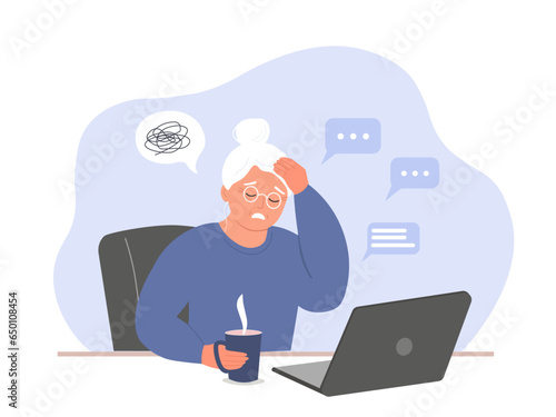 An elderly woman sits at a laptop, freelancing, studying, communicating. The old lady has problems, difficulties, stress with working online. Vector flat graphics.