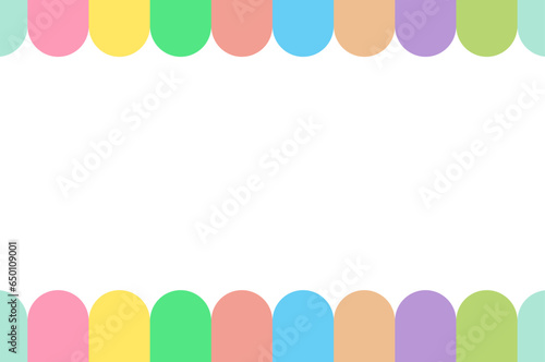 Simple vector bright cartoon 9 color template with copy space. Festive empty frame with multi-colored rounded stripes
