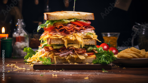 Towering Club Sandwich: Layers of Bread, Meat, Cheese, and Vegetables Stacked High