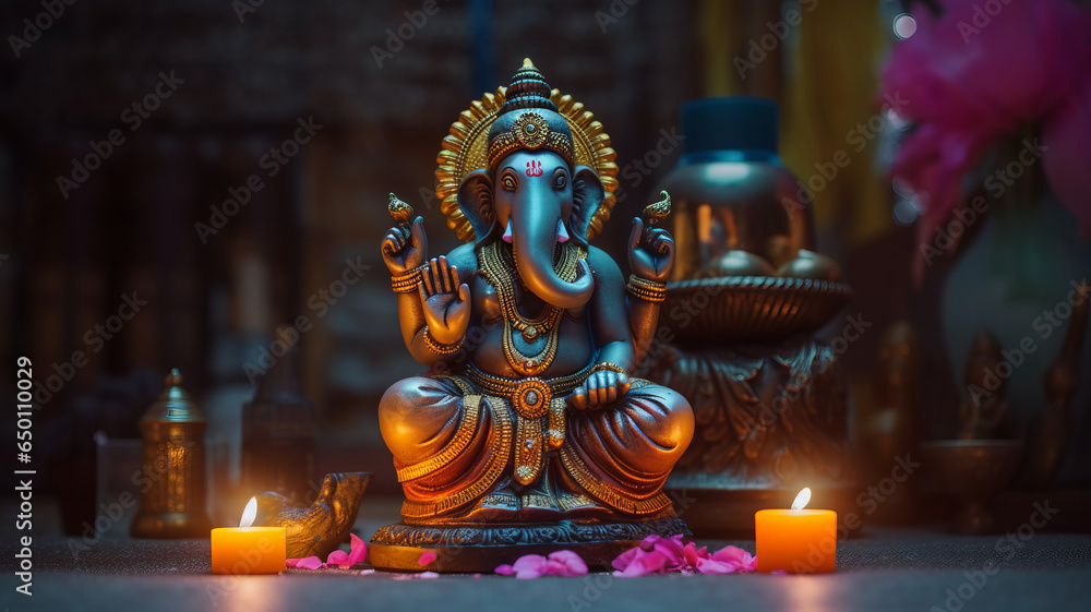 Obraz premium Ganesh jayanti lord ganesha on a brightly lit background telephoto lens realistic dark lighting