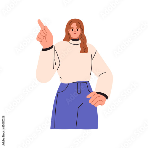 Woman pointing up and aside. Happy smiling girl showing something with hand g...