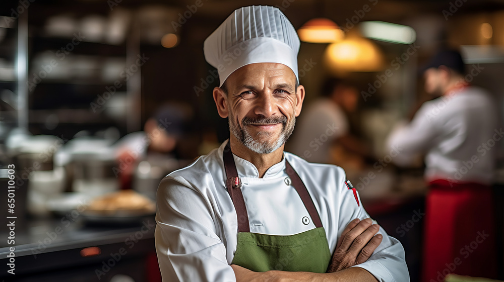 A smiling male chef in the kitchen.