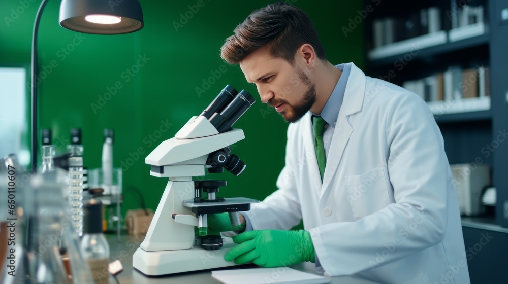 a Curious Male Researcher in Lab Coat with Microscope on Green Background a Curious Male Researcher in Lab Coat with Microscope on Green Background