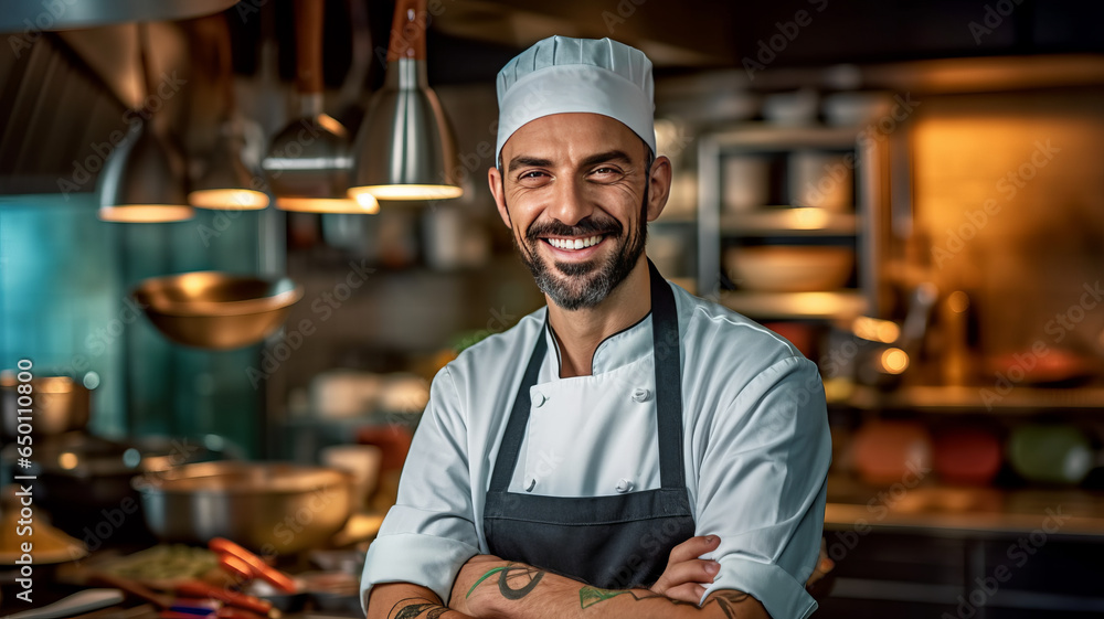 A smiling male chef in the kitchen.