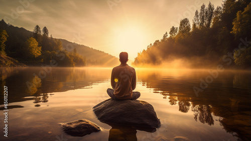 A serene outdoor scene of an individual meditating by a tranquil lake during sunrise  portraying the peace and healing nature can provide to one s mental state