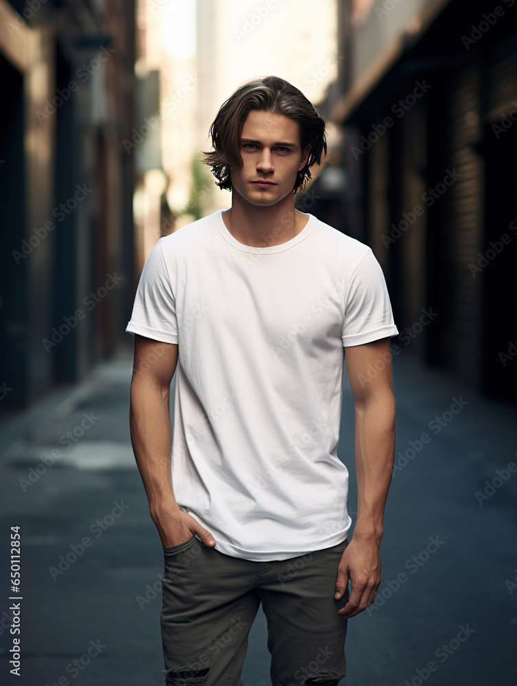 Stylish Male Model Sporting a Classic White Cotton T-Shirt on a Urban Street. T-Shirt mock-up. 