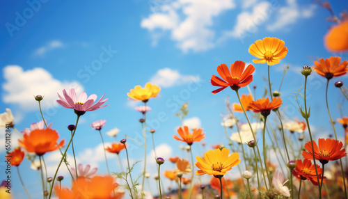 colorful flowers on blue sky background