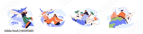 Air trip concept. Flight on aircraft. People flying in travel, choose direction of journey on globe. Character fly on plane. Person holds airplane. Flat isolated vector illustration on white