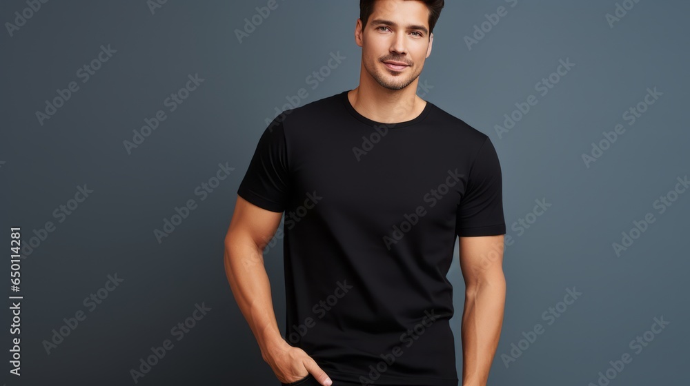 Stylish T-Shirt Design: Young Man Wearing Black Shirt Modeling on Solid Color Background Stylish T-Shirt Design: Young Man Wearing Black Shirt Modeling on Solid Color Background