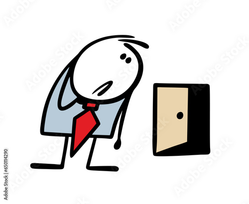 Young puzzled businessman looks at the small open door in confusion and looks for an exit opportunity. Vector illustration of a man solves a problem.