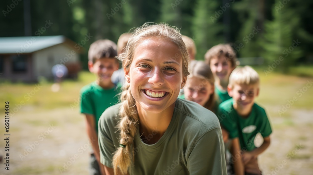 Young Female Camp Counselor Engaging with Kids on Forest Green Background