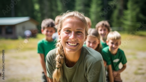 Young Female Camp Counselor Engaging with Kids on Forest Green Background photo