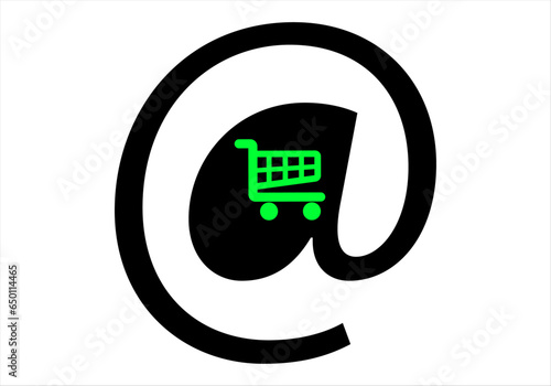 Icono de compra online o atención al cliente por medio del correo electrónico. Carro de la compra en verde sobre el símbolo de la arroba en negro
