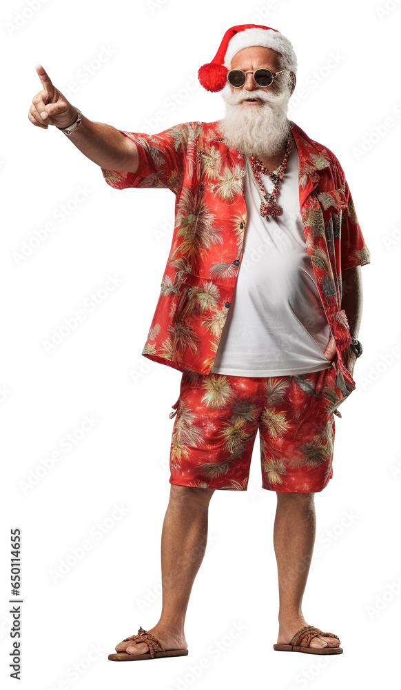 tropical party beach vibe Santa Claus with sunglasses in Hawaii summer outfit pointing finger on transparent background -  Christmas theme - obrazy, fototapety, plakaty 
