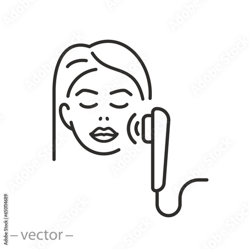 lifting skin face icon, facial vibration massager, thin line symbol - editable stroke vector illustration