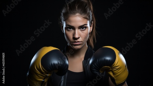 Young Female Boxer Showcasing Determination in Sportswear on Black Background © danter