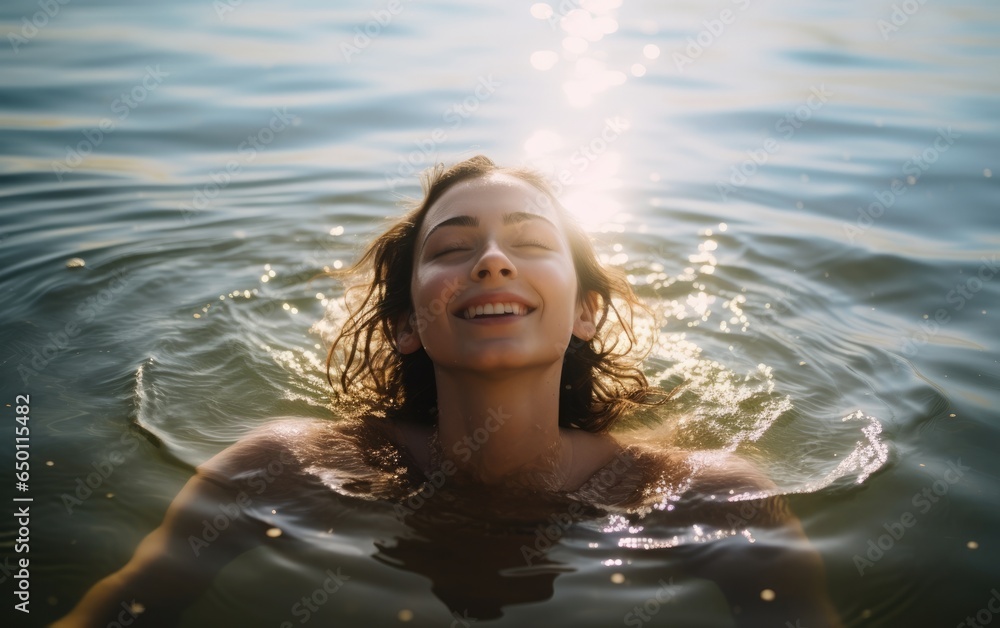 Baptism. Portrait of a smiling young woman in the water. Scene in sunny day