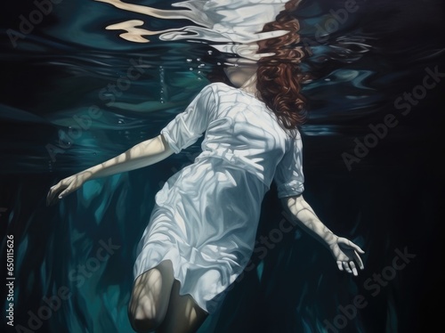 Baptism. Young woman in a white dress underwater. 