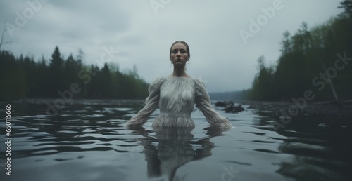 Baptism. Beautiful young woman in white dress, half body in water in the forest