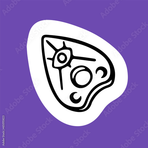 Ouija board sticker. Seance, spiritual communicate with soul, spirit. Magical outline tattoo, Halloween decor element for holiday party. Handdrawn isolated vector illustration on white background