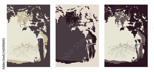 Set of labels with grapevine silhouette. Set of vector illustration, design with vine and landscape in the background.